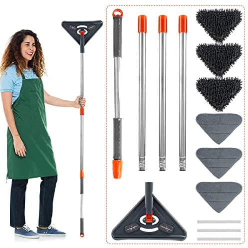Keyohome Vadrouille de Nettoyage Réglable Rotative à 360° Balai Serpillere Triangle avec Tige Télescopique Balai de Nettoyage en Microfibre pour Plafond Fenêtre Mural, avec 6 Chiffons de Remplacement