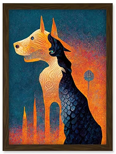 Doppelganger33 LTD Abstract Dog Monument Statue Illustration Teal Orange Artwork Framed Wall Art Print A4