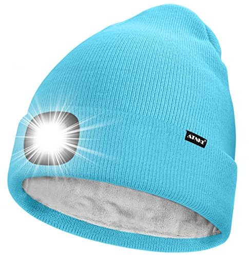 ATNKE LED Mütze mit Licht,Wiederaufladbare USB 4 LED Beleuchtete Laufmütze Extrem Heller Lampe Winter Warme Gefüttertes Fleece Stricken Mütze für Herren und Damen Geschenke/Light Blue