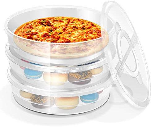 3 Pcs 12 Inch Food Storage Container with Lid and Handle, 2 Compartments Pie Carrier Round Pizza Holder Reusable Pizza Keeper for Egg Cheese Tortilla Pastry Cakes Desserts