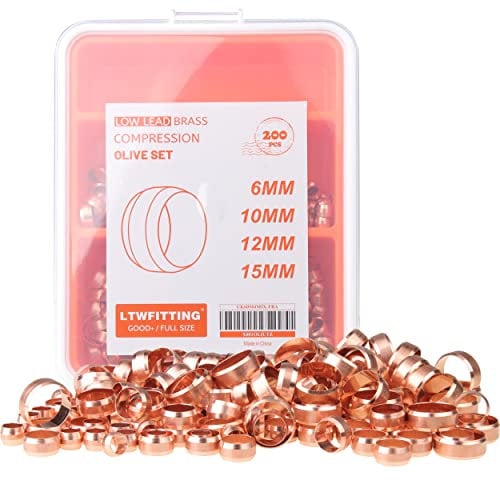 LTWFITTING Assortment Kit 6 10 12 15 MM OD Brass Olives Compression Sleeve Set (Pack of 200)
