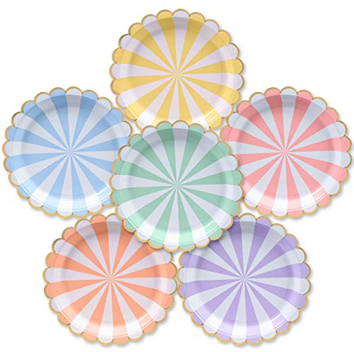 Piatti di Carta Artistici, Confezione da 50, Piatti di Carta Usa e Getta, Bordo Scallopato in Foglia d'Oro, Pastello a Strisce, 6 Colori, 23 cm