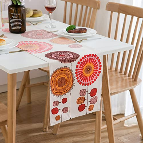 Tischläufer Frühling Rot Blumen Sonnenblume Tischläufer Modern Wohnzimmer Abstrakt Tischdecke Leinen Tischläufer Bunt Dekorativer Tischläufer für Esstisch Party Geburtstag Hochzeit 40x140 cm