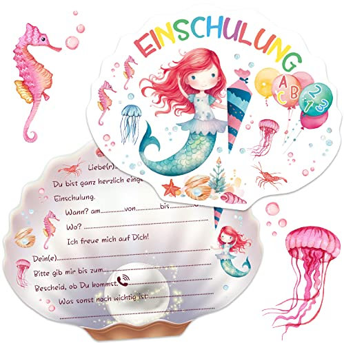 BOYATONG 12 Einladungskarten Einschulung Mädchen, Aquarell Meerjungfrau Einladungskarten, Einladung Einschulung Mädchen, Einschulung Einladungskarten Einladungen für Kinder zum Schulbeginn
