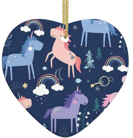 Weihnachtsschmuck Einhorn und Regenbogen gedruckt Keramik Hängende Ornament mit goldener Schnur Porzellan Weihnachtsbaum Ornament Dekorationen