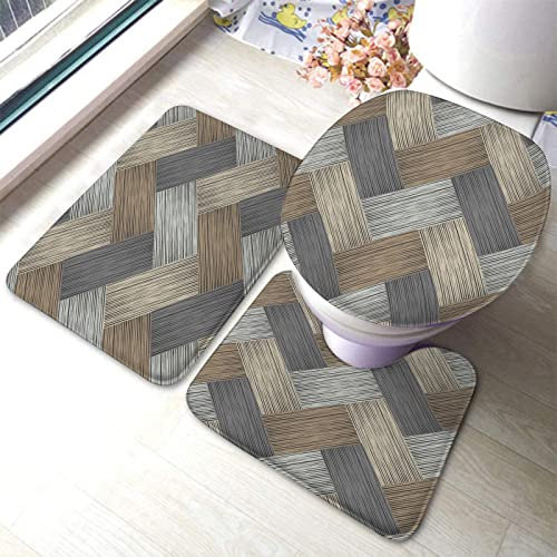 Set 3 Teilig Badvorleger Nahtloses Geometrisches Muster, Brauner Boden Aus Holz Badgarnitur Badematten Dekorative Konturmatte, Für Badezimmer, Badewanne