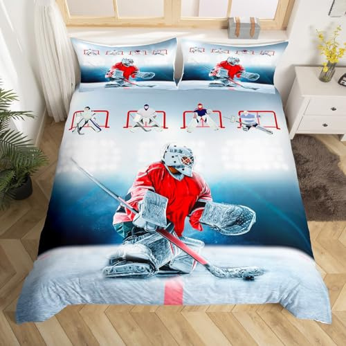 feelingyou Jungen Eishockey Bettbezug S Größe, Hockey Spieler Druck Sportspiele Tröster Cover Set für Kinder Mädchen, Kinder Teens Cartoon Moderne Bettwäsche Quilt Cover Set Schlafzimmer Dekor, 2 Pcs