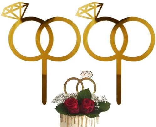 Wedding Cake Topper, 2 Pcs Diamond Ring Cake Topper for Valentine's Day Engagement Bridal Shower Wedding Party Cake Decor Accessories
