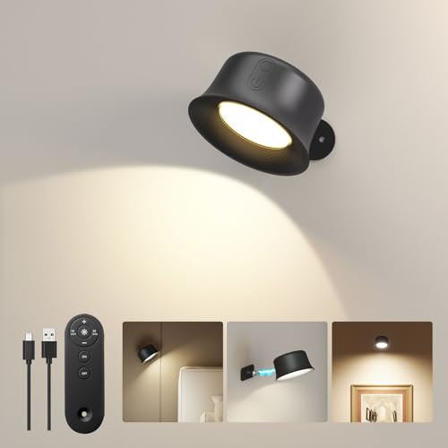 FULEN Lumière Murale LED Intérieure, Lampe Murale avec Rechargeable Batterie,Télécommande avec Contrôle Tactile, Rotation à 360°, Lampes Murales sans fil pour Salon Chambre à Coucher, Noir 1 Pièce