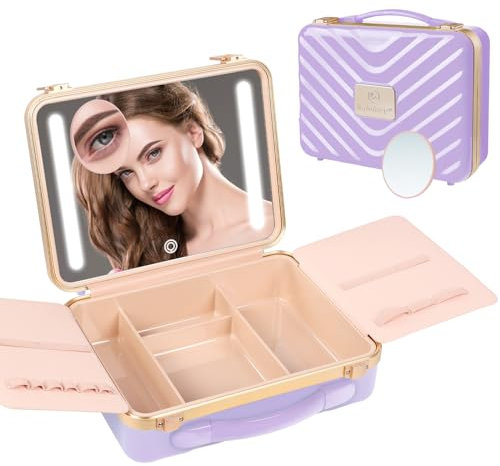 Kalolary Kosmetiktasche mit Led Spiegel, Tragbarer Kosmetikkoffer Professionelle Make up Tasche mit Einstellbarem Licht Kosmetikkoffer Make-up Train Case mit Abnehmbare 5X Vergrößerungsspiegel (Lila)