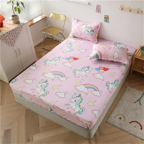Gezu Spannbettlaken, 100 x 200 cm, Rosa, Bettlaken für Kinder, süßes Cartoon-Mädchen, atmungsaktiv, hypoallergen, ohne Bügeln, elastischer Saum, robust, geeignet für Matratzen unter 30 cm