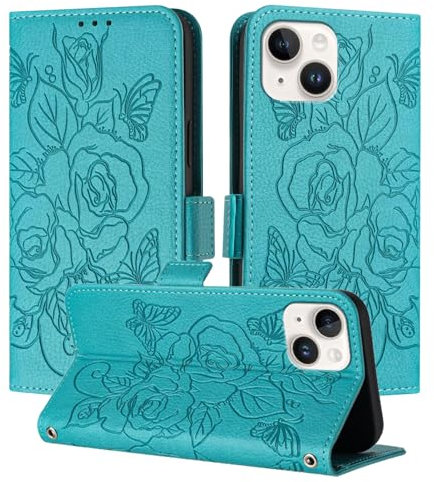 IMEIKONST Kompatibel mit iPhone 15 Plus Hülle, Lederhülle Ständer Magnetverschluss Flip Brieftasche Kartenfach RFID Sperrung Schutz Handyhülle für iPhone 15 Plus. Lake Blue Blumen YBH