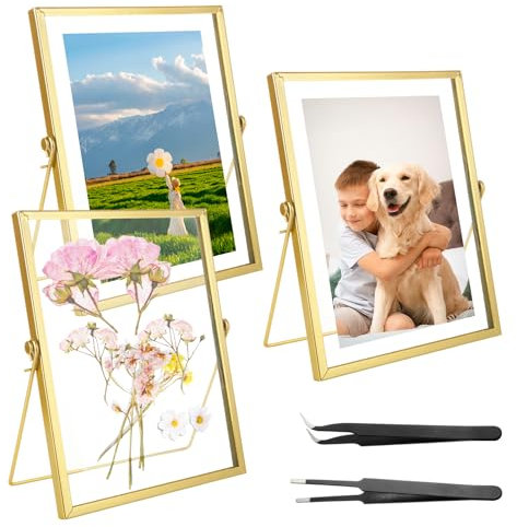 YAYODS 3 Stück Bilderrahmen Glas Beidseitig A5 - Bilderrahmen Gold Fotorahmen 15x20 cm - Glasbilderrahmen mit Pinzette - Bilderrahmen Metall Stehend - Photo Frame Glasrahmen für Gepresste Blumen