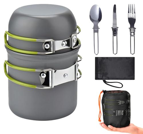 Camping Cooking Set for 1-2 Person, Portable Camping Cookware, Non-stick Aluminium Camping Pots Mess Kit with Foldable Utensils for Camping Hiking Picnic