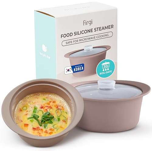 FIRGI 27oz Platinum Silicone Microwave Steamer Pot with Handle & Lid - Korean 100% Food-Grade Steamer Bowl, Heat-Resistant Cooker with Steam Holes, Easy Clean, Dishwasher Safe, Taupe Brown