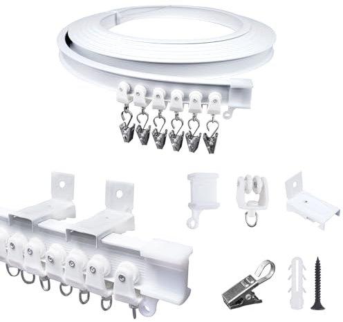 FOGAWA 5m Vorhangschiene wandmontage mit 40Vorhangklammern, Wandvorhangschiene, Flexible Gardinenschiene, Wandschiene für Duschvorhangstange, Raumteiler, Vorhangschienensystem mit Wandhalterung Weiß