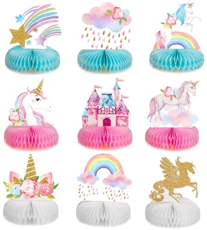 HhBdy Unicorn Party Decorations 9Pcs Includes Unicorns Castles Stars Flowers Clouds and Rainbows Unicorn Table Honeycomb Centerpieces Birthday Party Decoration Pack Party Decorations Girls