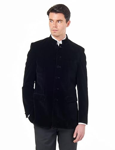 Men’s Black Velvet Smoking Nehru Jacket Classic Chinese Grandad Collar Wedding Party Blazer[BLZ-HARSHIL-Black, UK/US 42 EU 52]