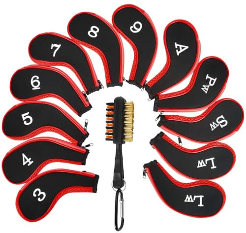 13Pcs Golf Iron Head Cover with Club Brush,Number Print with Long Zipper Neck,Golf Iron Protector Wedge Headcovers,for Nike,Callaway,Taylormade,Titleist(Red), OneSize,