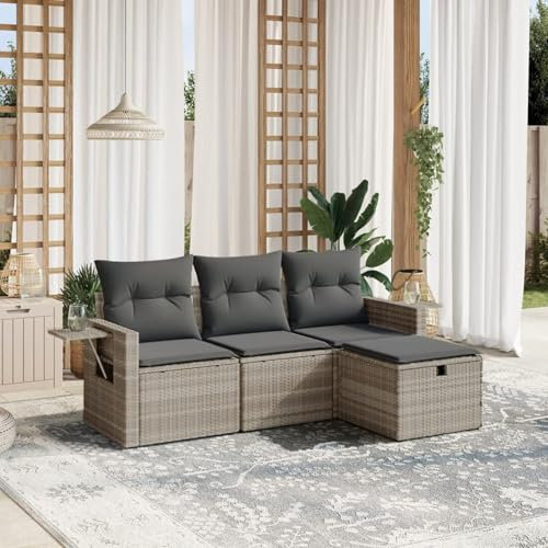 IKAYAA 4-TLG Balkon Lounge Gartenlounge Klein Rattan Sofa Balkonsofa Kleiner Balkon Sitzecke Balkon Loungemöbel Gartensofa Ecksofa Hellgrau