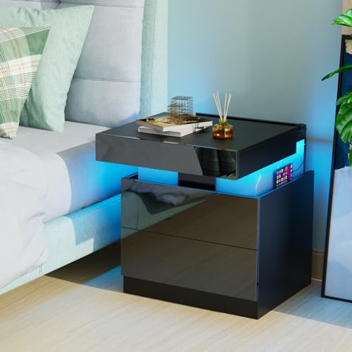 Lvhcmfohm Nachttisch mit Steckdose, Nachtschrank mit Led Licht, 2 AC-Steckdosen, 2 USB-Anschlüsse Nachtkommode mit 2 Schubladen und Versteckte Schiebeschränke für Wohnzimmer, 45x40x52cm, Schwarz