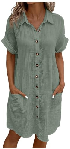 pxjsdwe Musselin Kleid Damen Sommer Kurzarm Strandkleid Freizeitkleid V-Ausschnitt Casual Sommerkleid Blusenkleid Einfarbig Elegant Midikleid Hemdkleid Leicht Locker Luftig Shirtkleid