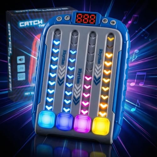 MIJOMA Reaktionsspiel-Konsole mit Licht & Sound - Rhythmusspiel für Kinder & Erwachsene - LED-Spiel „Catch The Lights“ - batteriebetrieben - 11x15x3 cm