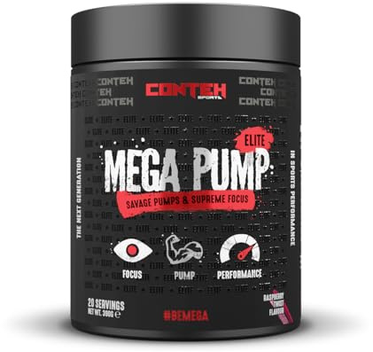 Conteh Sports Elite Mega Pump, Full Focus Stim-Free Strong Pump Pre Workout Formula with L Citrulline & Glycerol 20 Servings (390g, Raspberry Twist)