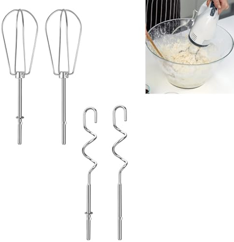 4 Stück Edelstahl Handmixer Zubehör Set mit Schneebesen und Knethaken | Ersatz Rührbesen (Turbo Beater) für elektrische Handmixer, kompatibel mit den Serien KHM3, KHM5, KHM7 und KHM9