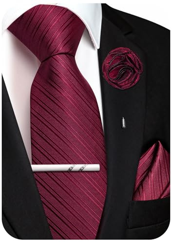 Ailisus Dunkles Bordeaux Krawatte Herren Set Streifen Seiden Tie mit Einstecktuch Ansteckblume Krawattenklammer für Party