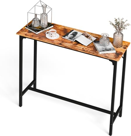 Bonnlo 110cm Rectangular Bar Table,Pub Breakfast Table with Metal Frame | Narrow High Bar Table with Footrest and Adjustable Footpads for Kitchen Dining Living Room Small Space, Brown