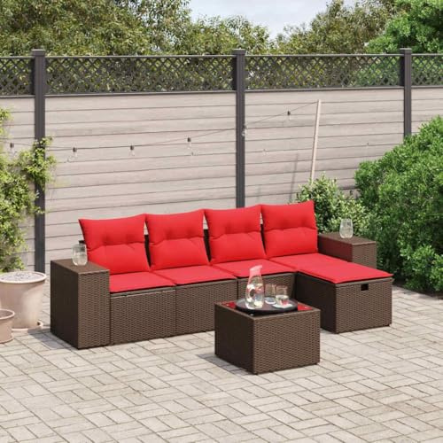 Kaloriko 6-teiliges Gartensofa-Set, Polyrattan Braun, mit Kissen Rot, Outdoor Lounge Möbel, UV-beständig, 55x62x69 cm, für Terrasse, Balkon