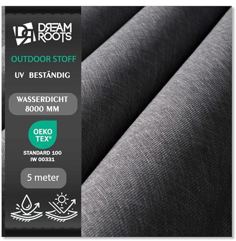 DreamRoots Markisenstoff Meterware Leinenoptik, Hellgrau, 5 m | wasserdicht, UV-beständig, PU-Beschichtung, 240 g/m², 8000 mm Wassersäule, 60.000 Martindale, reißfest, OEKO-TEX