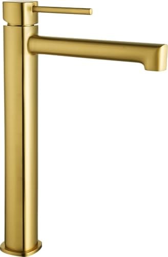 IMEX - Grifo Alto Lavabo Dorado | Grifo Baño Mezclador Agua Fria y Caliente | Grifería Monomando Efeto Cascada con Caño de Latón y Ahorro de Agua | Serie Toscana | Color Oro Cepillado
