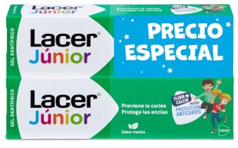 LACER JUNIOR - Gel Dental Pack 2 x 75 ml Sabor Menta, Pasta de Dientes para Niños a partir de 6 Años - Previene la Caries - Fórmula de Flúor Más Calcio - Cuida los Dientes de Leche