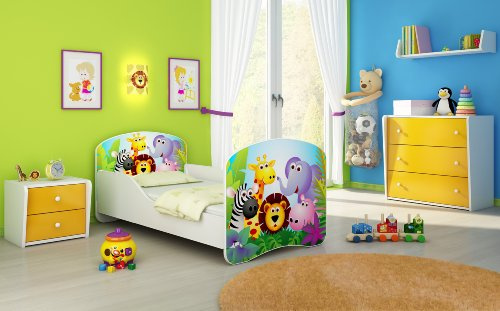 Kinderbett Jugendbett Komplett mit einer Schublade und Matratze Lattenrost Weiß ACMA I (160x80 cm, 01 Zoo)