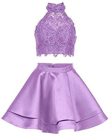 diydressonline Satin Lace Halter Short Prom Dress Two Pieces Homecoming Dresses (2, Lilac)