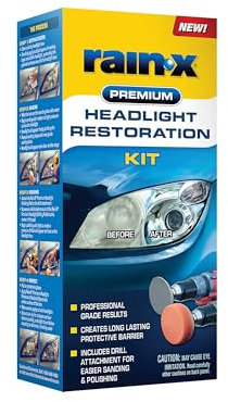 Rain-X 610153 Headlight Restoration Kit - Car Light Lens Cleaner/Restorer with Sanding & Polishing Drill Attachments & Sealant Wipe, Removes Scratches & Oxidation- All in 1 Long Lasting Formula