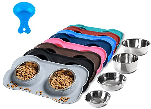 Hubulk 2 Stainless Steel Pet Dog Bowls with No Spill Non-Skid Silicone Mat + Pet Food Scoop Water and Food Feeder Bowls for Feeding Small Medium Large Dogs Cats (Large, Gray)