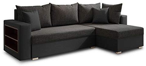 Ecksofa Lord mit Regal und Schlaffunktion - Sofa mit Bettkasten, Schlafsofa, Polsterecke, Couch L-Form, Couchgarnitur, Sofagarnitur (Schwarz + Schwarz (Dolaro 08 + Berlin 02), Ecksofa Rechts)