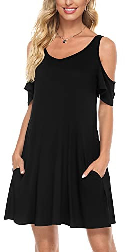 Florboom Damen V Ausschnitt A-Linie Kleid Cold Shoulder Kleider Sommerkleider Strandkleider Knielang Schwarz M