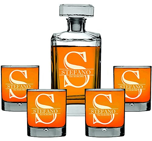 Carafe à Whisky personnalisée, gravée avec le nom, l'initiale et l'année, taille 700ml avec + 4Pcs. Verres à Whisky