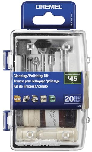 Dremel 726-01 Reinigungs- und Polierwerkzeug-Zubehör-Set mit Aufbewahrungskoffer, 20-teiliges Set – inklusive Polierscheiben, Polierbits und Verbindung
