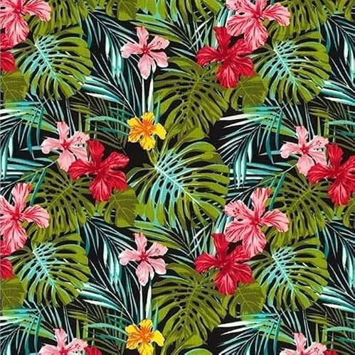 Aloha Hawaiianischer Hibiskusblüten und tropische Blätter, Baumwoll-Popeline, bedruckt, 112 cm breit, ideal zum Basteln, Nähen, Patchwork und Schneidern