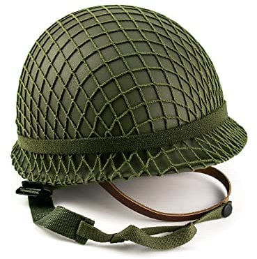 QWORK M1 Green Helmet Replica, Net Cover Steel WWII US Army Outdoor Field Helmet with Cat Eye Belt