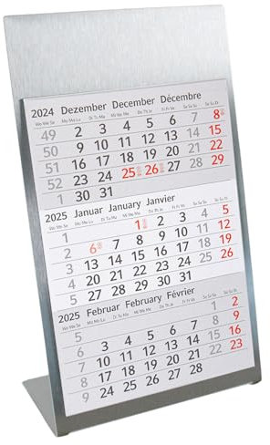 Tischkalender zum Aufstellen aus Edelstahl I für 2 Jahre 2025/2026 I 3-Monats-Kalender Block Magnet I mehrsprachig D/GB/F I Silber matt klein I tr093