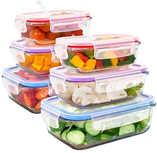 LG Luxury & Grace Lot de 6 Boîtes Alimentaires en Verre (1 + 0,6 + 0,36L). Récipient Hermétique avec Valve de Vapeur. Boîtes de Conservation pour Micro-Ondes, Four´et Lave-Vaisselle. Sans BPA.