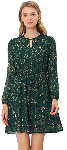 Allegra K Damenkleid mit Kropfband und V-Ausschnitt, ausgestellt, Vintage, vergoldete Sternchen mit Metallic-Glanz, A-Linienkleid, grün-blumig, 38