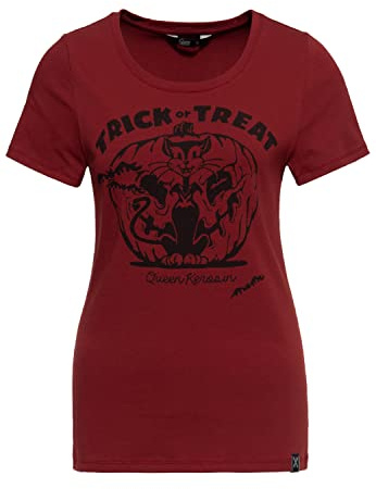Queen Kerosin Damen Vintage Shirt T-Shirt Slim Fit Frontprint Kurzarm Halloween Statement Vintage Kürbis Cat Trick Or Treat
