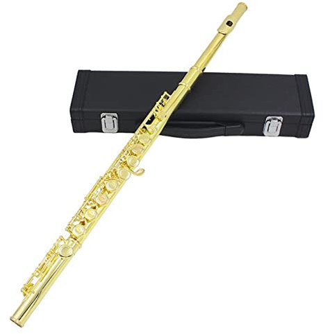 PECY Goldene 16-Loch-C-Ton-Flöte Mit E-Klappe Holzbläser, Geschlossenes Loch, Vergoldete Tasten, Cupronickel-Röhre Mit Etui Querflöten